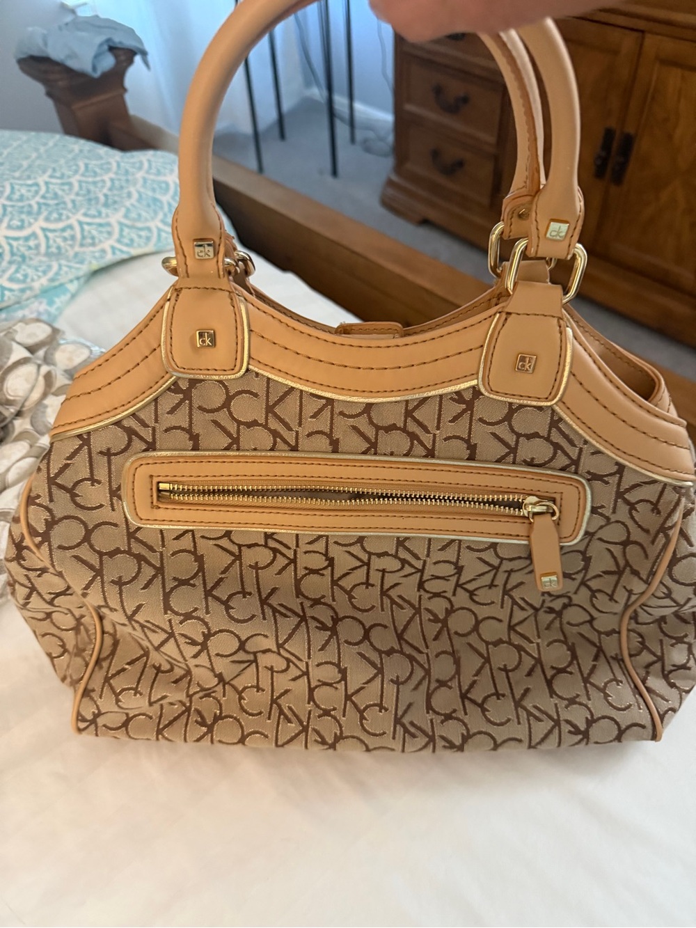 Calvin Klein Beige Monogram Shoulder Bag with Tan Trim